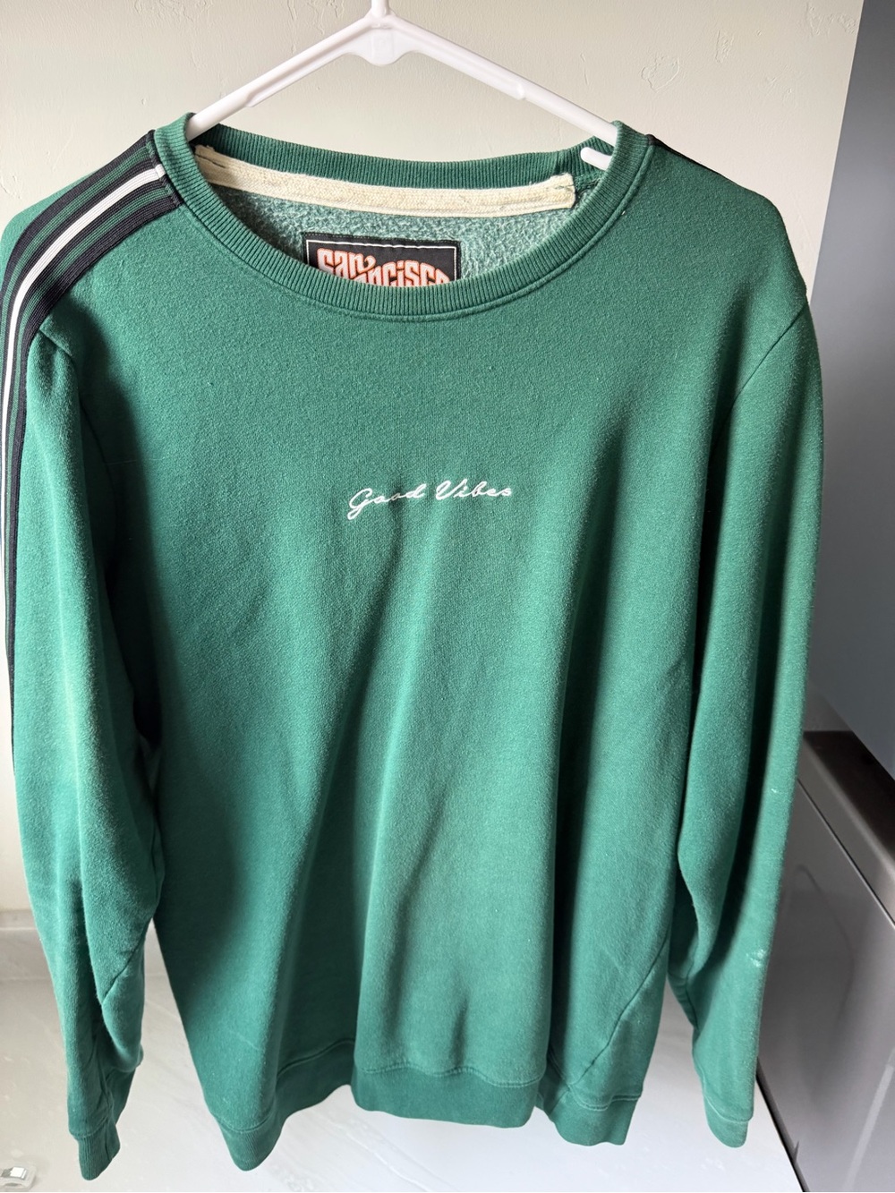Good Vibes Embroidered Green Crewneck Sweater - Men's